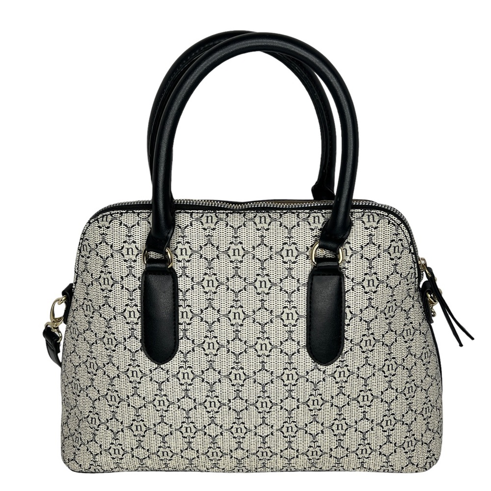 Nanette Lepore Gray Black Logo Print Zip Top Dome Satchel Crossbody Bag - Picture 4 of 13